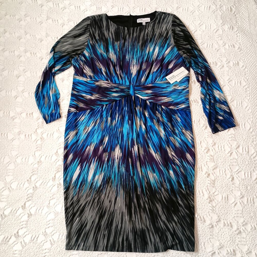 New David Meister Sheath Pencil Dress Starburst Knit Blue Gray 3/4 Slv 20W Women
